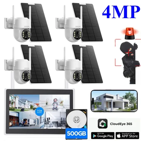 Home Security Camera System 4MP Wireless 10CH Solar Wifi 10'' Monitor NVR+500GB