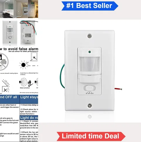 Motion Sensor Light Switch 110V Single Pole White 180 Degree PIR Occupancy