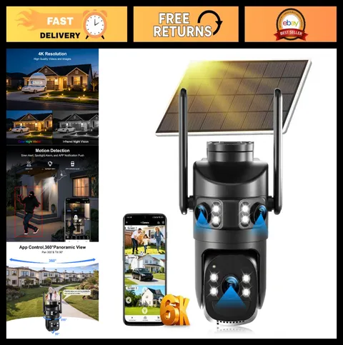 8MP 6K Triple Lens Solar Security Camera, Wireless PTZ, Color Night Vision, Auto