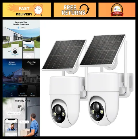 2K Wireless Solar Security Cameras - 360° Outdoor Home Surveillance, Color Night