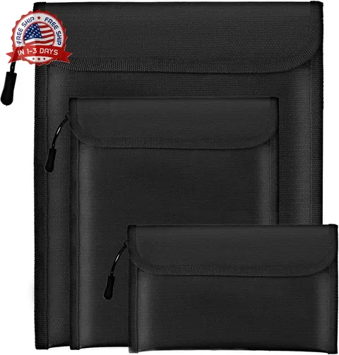 Lihengkong Fireproof Waterproof Document Bag 3-Pack Black 2000℉ Money Bag for Ca