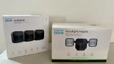 Blink Outdoor 3 Camera Security System + Floodlight Mount + Blink Mini NEW/Open 