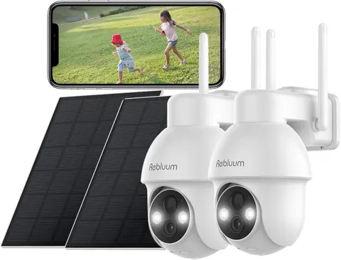 Rebluum 2K Solar Security Cameras Wireless Outdoor, 360° Pan 2PACK, White