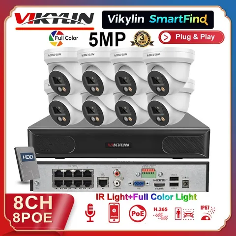 Vikylin SmartFind 8ch CCTV System 5MP Camera Full Color IR Audio 4k 8POE NVR Lot