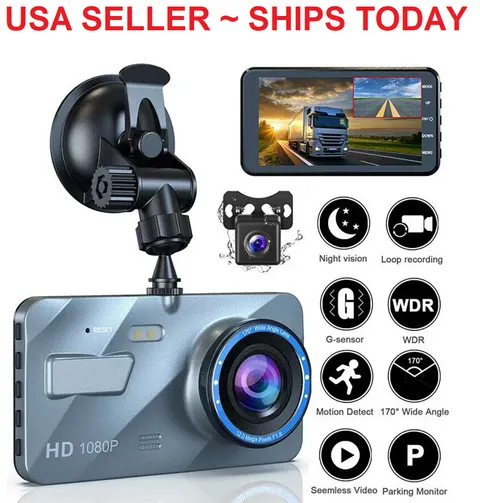 Screen Dash Cam 4" 1080P Dual Lens Car DVR Recorder Front and Rear Camera