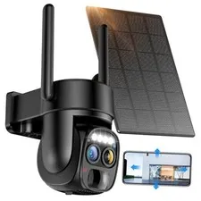 Hawkray Pannel Solar Wireless Outdoor Security Camera， Dual-Lens, 10xZoom, 2K 