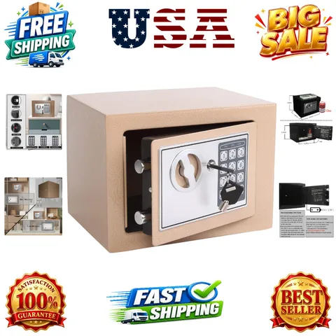 Small Steel Security Safe Box with Keypad,Key;0.23 Cu Ft, Gold | Electronic D...