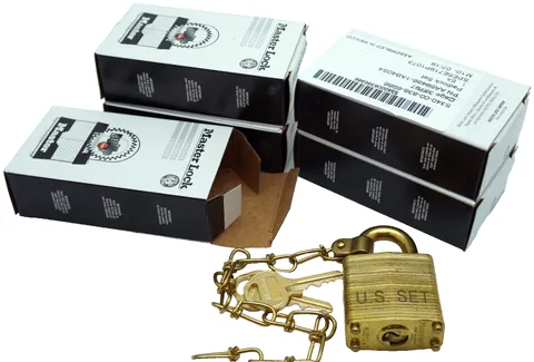 Lot (5) Master Lock DG Commercial Brass Military Padlocks w/Chain - Keyed Alike