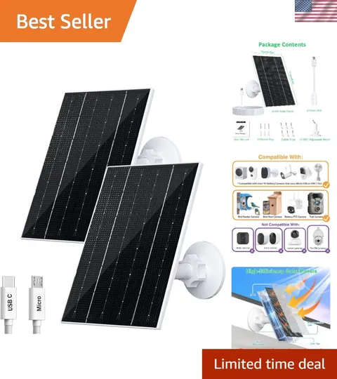 4W Solar Panel for Security Cameras - Waterproof, 2 Pack with Adjustable Mounts