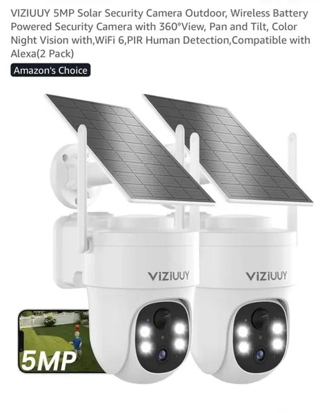 VIZIUUY 5MP Solar Security Camera Outdoor, Wireless Battery Powered (2 Pack)