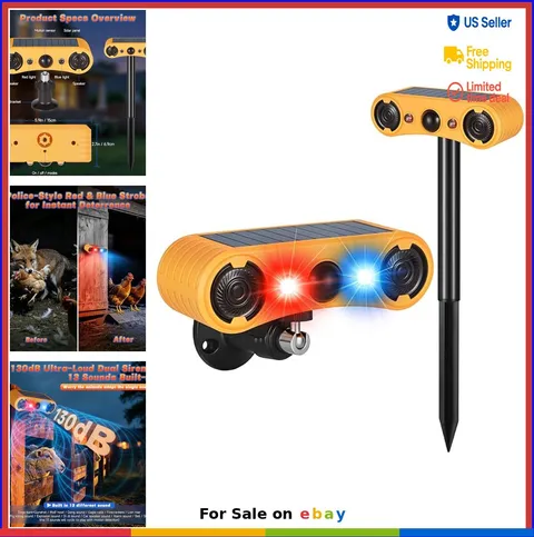 Solar Motion Sensor Alarm 130dB Dual Speakers Red Blue LED Strobe 13 Sounds