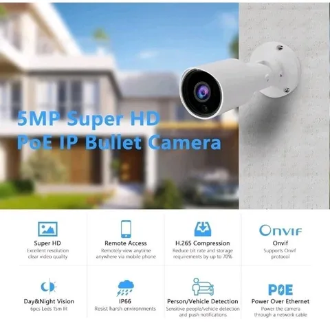 Tennoz 5MP PoE Outdoor Bullet Camera H.265, 2.8mm  Night Vision