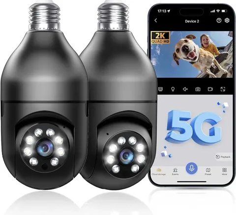 2 PACK 360° Camera 1080 WiFi Security Bulb BLACK Night Smart Home Wireless