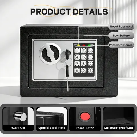 SereneLife Compact Electronic Safe Box with Digital Touch Pad w/ Keys (Black)