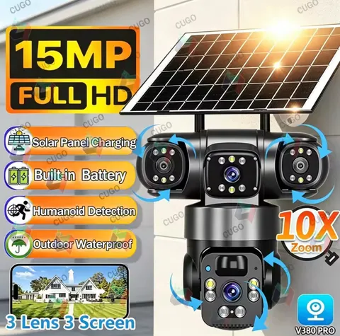 15MP IP Wifi Camera Wireless Solar Camera PTZ 3 Lens Outdoor Waterproof 10X Zoom