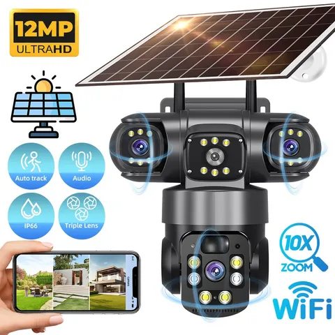 12MP Camera Solar Powered WiFi PTZ Triple Lens Night Vision CCTV Security Camera