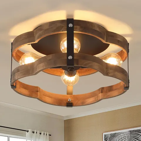 4-Light Rustic Farmhouse Wood Flush Mount Ceiling Medium 4 lights, Black