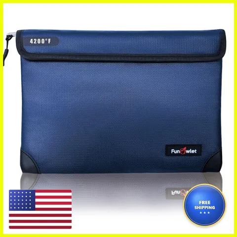 FunOwlet Fireproof Waterproof Money Document Bag, 11"x7.7", Blue Fireproof