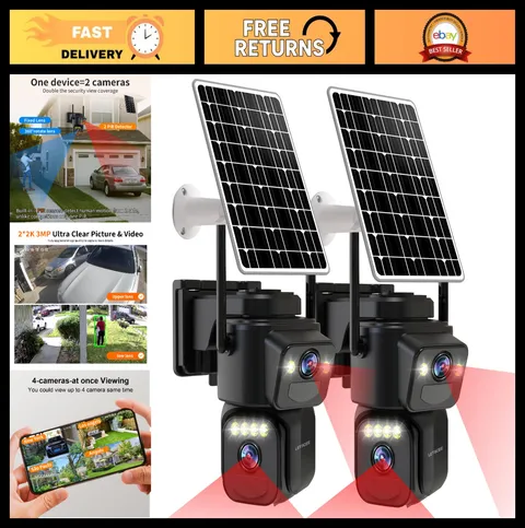 Outdoor WiFi Security Cameras, Solar Powered, Dual Lens, Motion Detection, Night