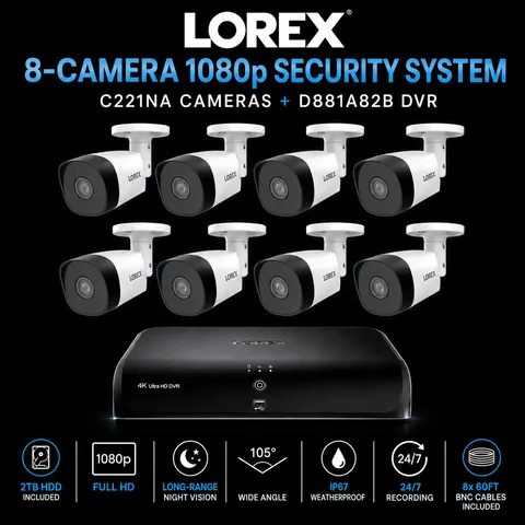 8 Camera 1080p C221NA Security System + 2TB DVR D881A82B Lorex 