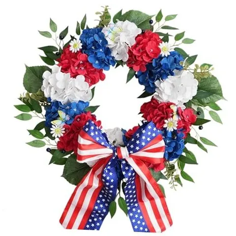 20 Inch Patriotic Floral Wreath, 4th of July Wreath with Red White and Blue