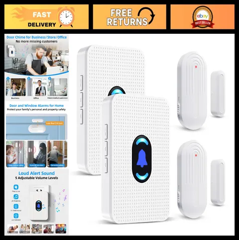 Wireless Door Sensor Chime Alarm - 20 Tunes, Adjustable Volume, 800ft Range, 2 S