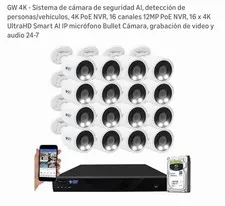 GW 4K PoE NVR 16CH Security System w/ 16 Bullet IP Cameras, HDD, Audio