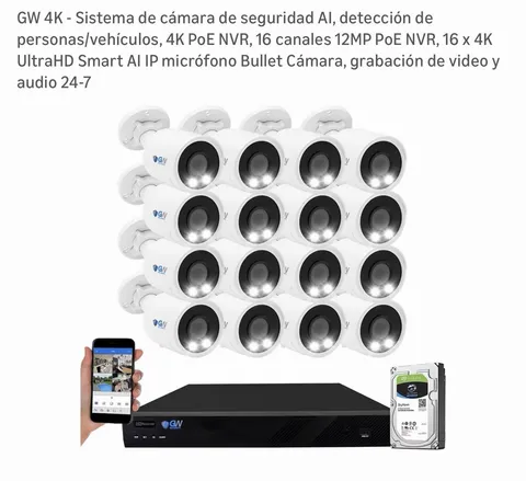 GW 4K PoE NVR 16CH Security System w/ 16 Bullet IP Cameras, HDD, Audio