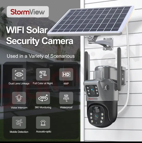 A solar-powered, dual-lens WiFi security camera with 360° PTZ coverage