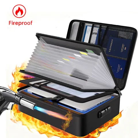 Black fireproof document storage bag with 13 pockets and accordion folder