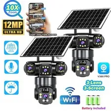 2PCS 12MP 3 Lens Solar Battery Powered Wireless WiFi Home Security Camera System