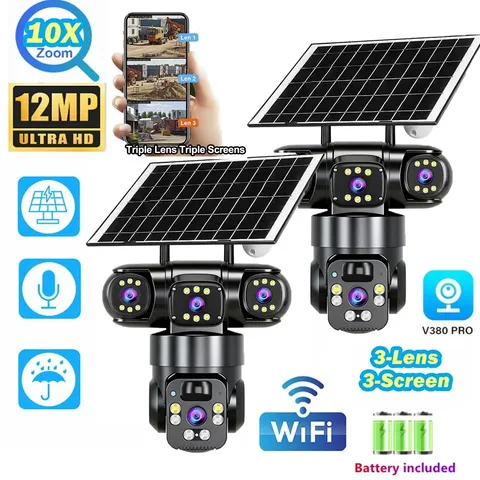 2PCS 12MP 3 Lens Solar Battery Powered Wireless WiFi Home Security Camera System