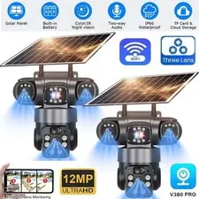 3 Lens 12MP Solar Battery Home Security Camera Outdoor Wifi Wireless PTZ CCTV US