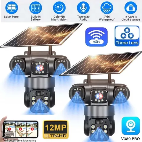 3 Lens 12MP Solar Battery Home Security Camera Outdoor Wifi Wireless PTZ CCTV US