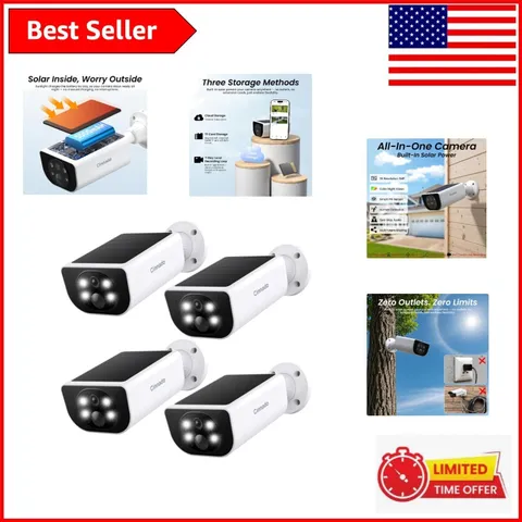 Cordless Security Cameras 4-Pack - 2K HD Solar-Powered with Alerts & Siren
