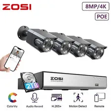 ZOSI 4K Security PoE Camera System with Audio Color Night Vision 24/7 Recording