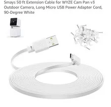 50 ft cable for WYZE Cam Pan v3 Outdoor Camera, Micro USB Cord, 90-Degree White