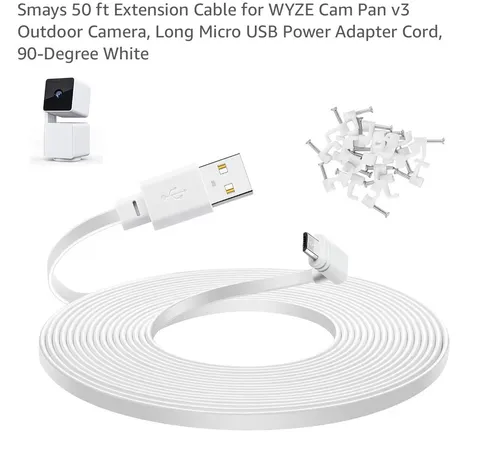 50 ft cable for WYZE Cam Pan v3 Outdoor Camera, Micro USB Cord, 90-Degree White
