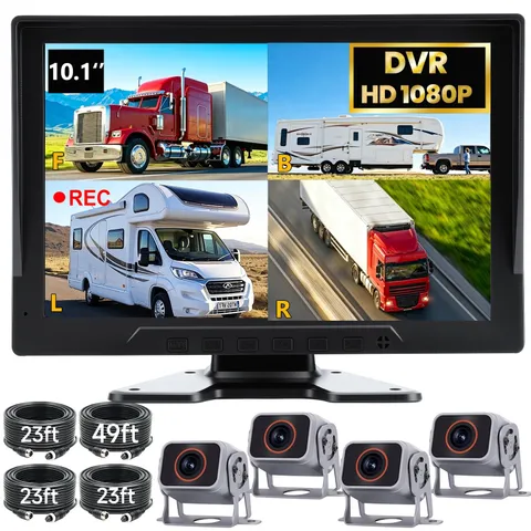 4-Channel Wired Backup Camera System for Truck/RV, 10.1" HD DVR Monitor
