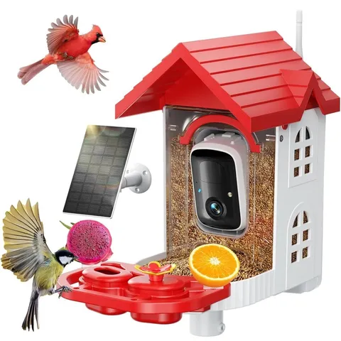 Smart Bird Feeder Camera FB-A08 2K WiFi Solar Powered AI Night Vision Red