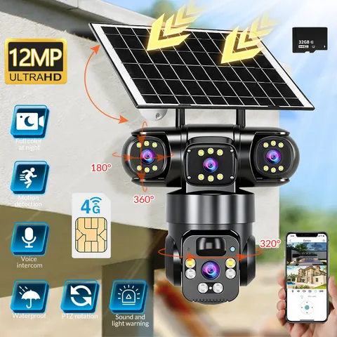 3-Lens 12MP Solar Camera Security Outdoor CCTV PTZ Cameras Auto Motion Tracking