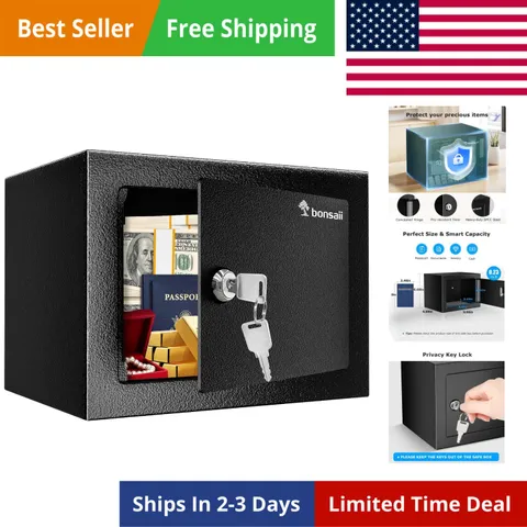 Safe Box with Key Lock, Steel Security Lock Box, 0.23 Cubic Feet, 9.06" W x 6...