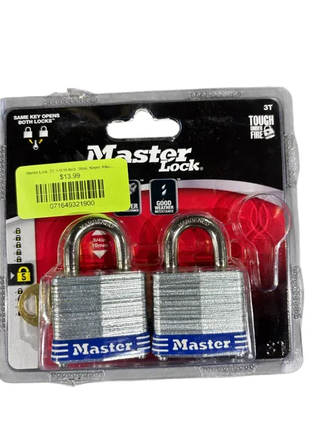 Master Lock, 3T, 1-9/16-Inch, Wide, Keyed Alike, Padlock, 9/32-Inch Shackle