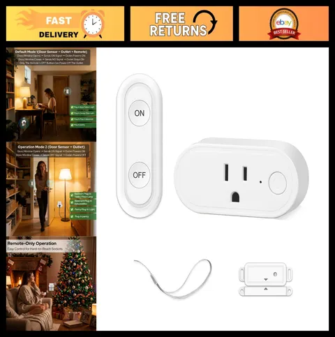 Wireless Sensor Switch Outlet Kit - 100ft No-Wire Mini Door Control Plug, 15A/18