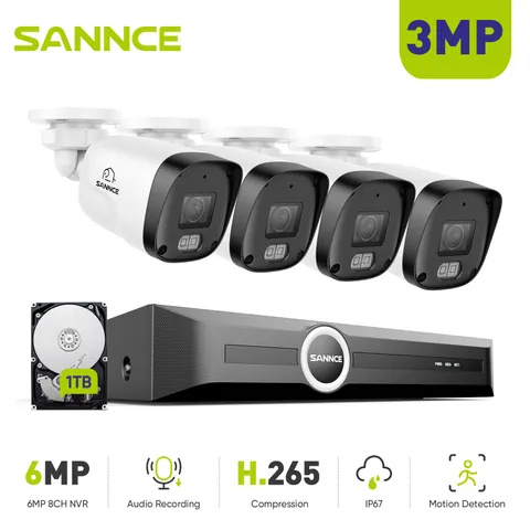 SANNCE 3MP POE IP Security Camera System Audio Recording 8CH 6MP NVR Outdoor 1TB