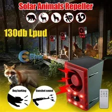 Solar Sound & Light Animal Alarm Dog Barking & Gunshot 130db Motion Det Outdoor