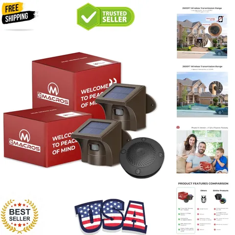 Solar Wireless Driveway Alarm System 1/2 Mile Range, 1 Receiver & 2 Solar Sen...