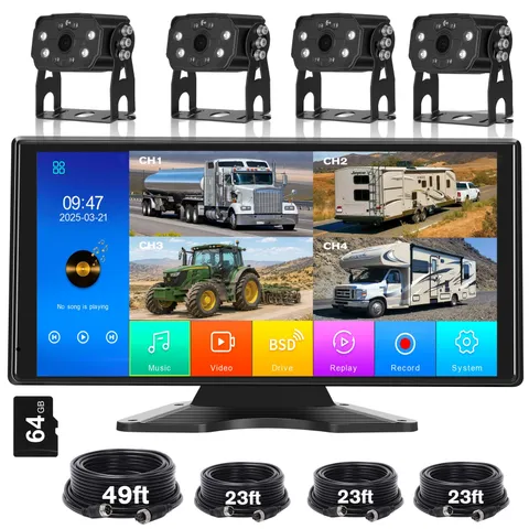 10.36'' Touch Screen Wired RV Truck Backup Camera System with 4 Cameras Black