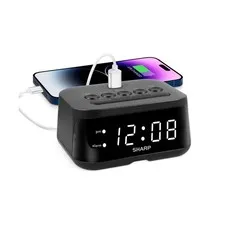 Sharp Digital Alarm Clock with USB 2 AMP Fast Charge Port & White LED Display