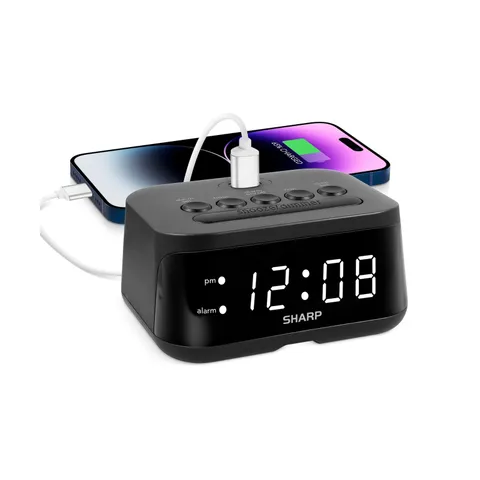 Sharp Digital Alarm Clock with USB 2 AMP Fast Charge Port & White LED Display